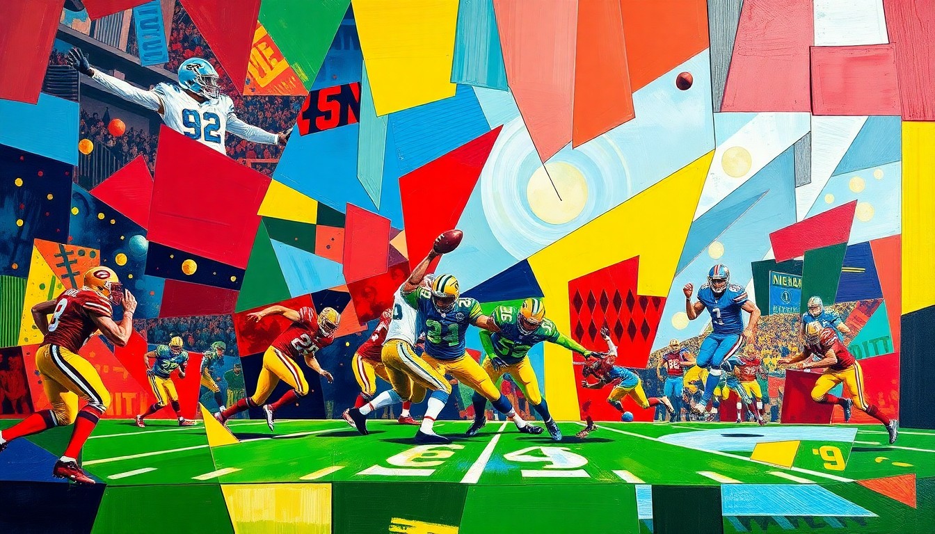 A cubist, geometric painting depicting a football field and players in motion, with sharp, overlapping planes of color representing the dynamic nature of special teams plays.
