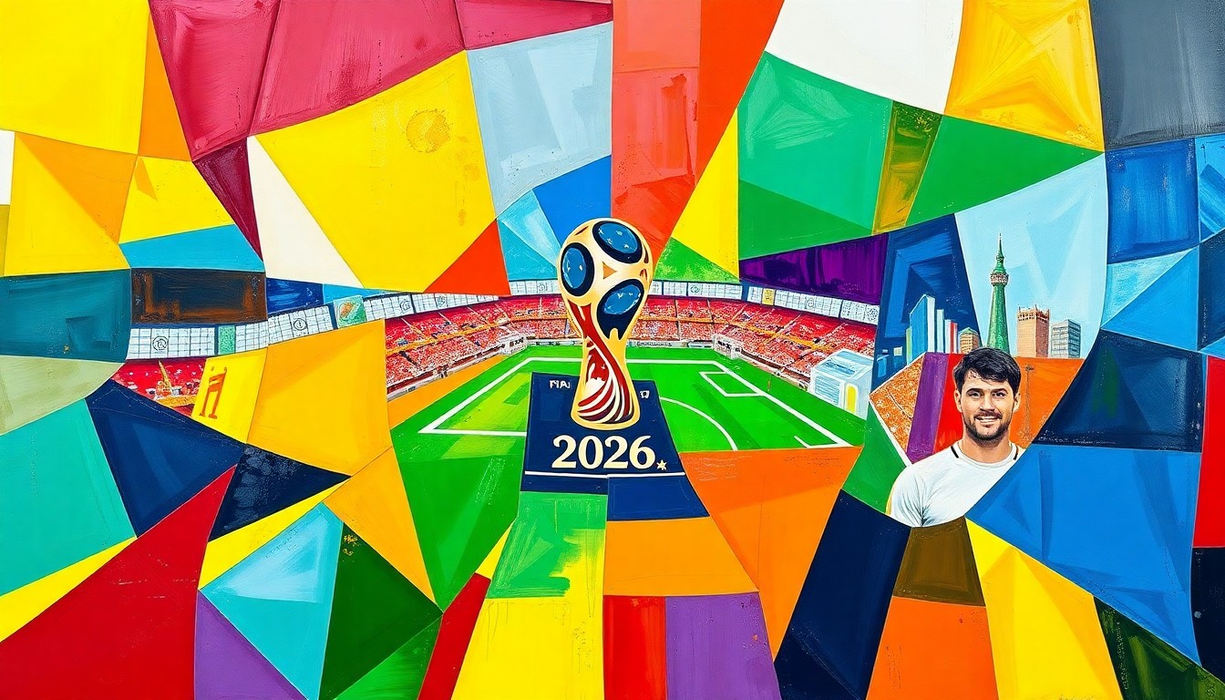 A fractured, multi-perspective painting featuring sharp, overlapping geometric planes in vibrant colors representing the 48 teams, 16 host cities, and global scale of the 2026 FIFA World Cup tournament.