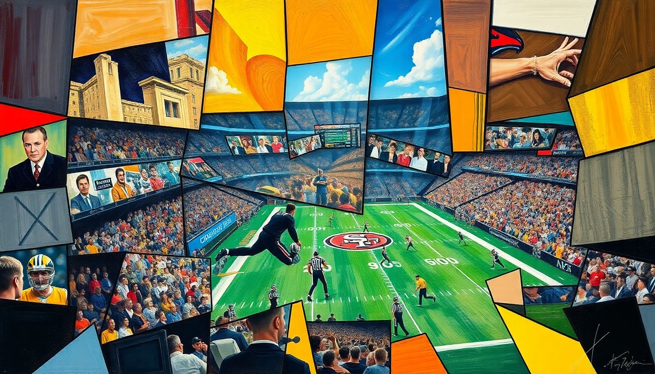 A cubist, geometric painting depicting fragmented, overlapping shapes and planes representing a football game or NFL draft scene, conveying the complex and multi-faceted nature of the Raiders' draft strategy.