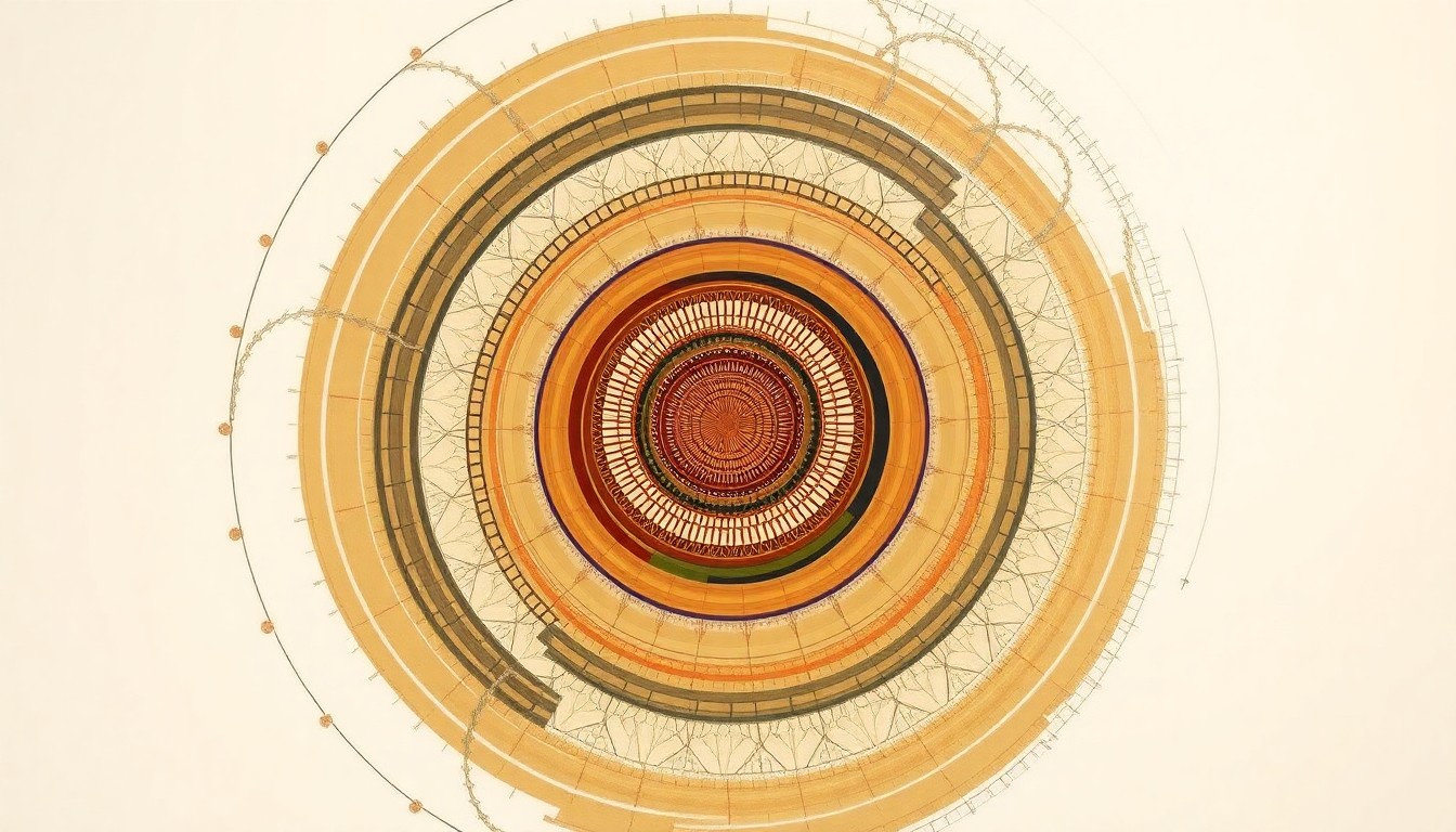 A highly structured abstract painting in muted greens, browns, and grays, featuring sweeping geometric shapes, concentric circles, and precise botanical spirals, visually representing the complex scientific efforts to revive the American chestnut tree.