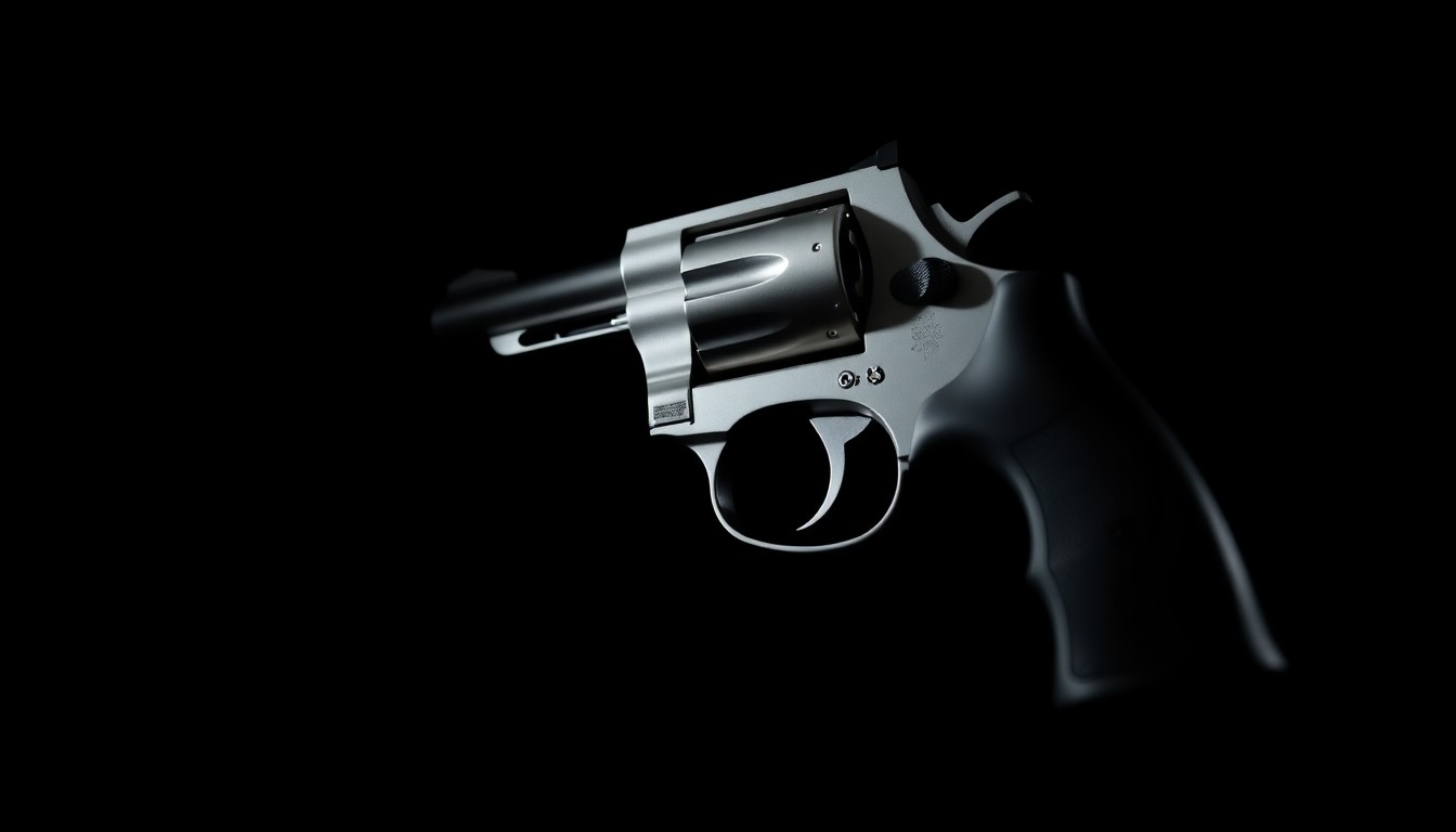 An extreme close-up photograph of a silver revolver against a pitch-black background, the gun's metallic surface and intricate details sharply illuminated by a harsh, direct camera flash, conceptually representing the intense investigation into the alleged murder weapon used to kill Caleb Quick.