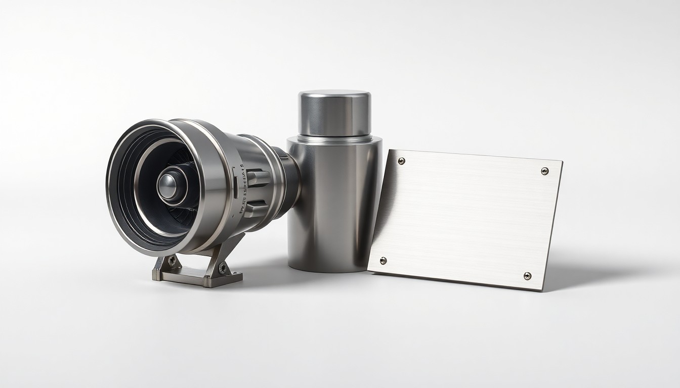 A minimalist, photorealistic studio still life featuring polished metal, titanium, and carbon fiber components, symbolizing Karman Space & Defense's expertise in critical space and defense systems.