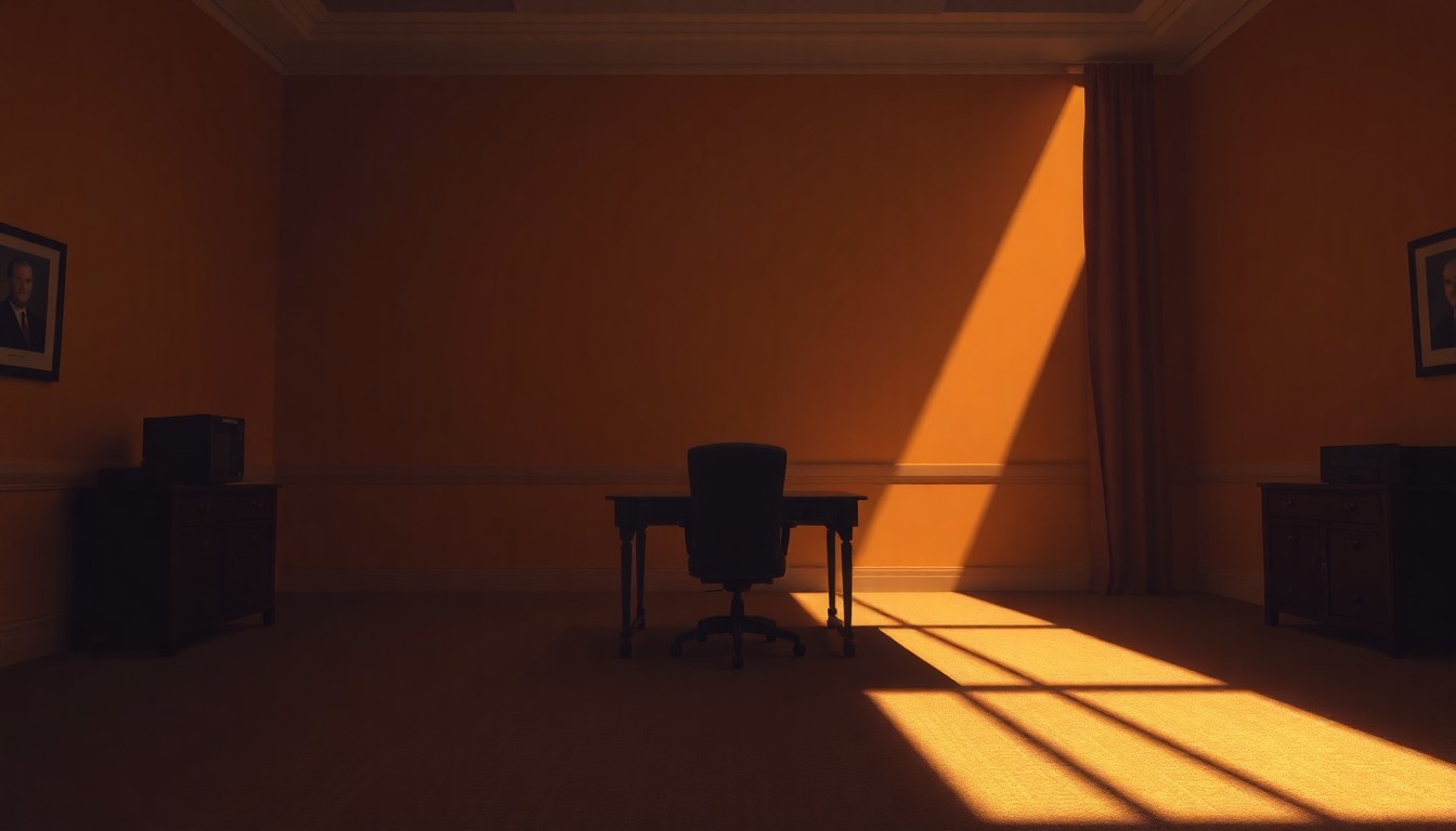 A dimly lit, cinematic interior scene with a lone desk and chair casting long shadows across the floor, bathed in warm, diagonal sunlight, conveying a sense of quiet contemplation and political tension.