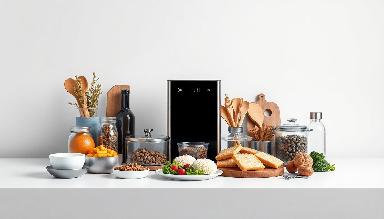 A minimalist, high-end studio photograph featuring a selection of premium kitchen and food-related objects arranged elegantly on a clean, monochromatic background, symbolizing the intersection of content, commerce, and distribution in the creator economy.