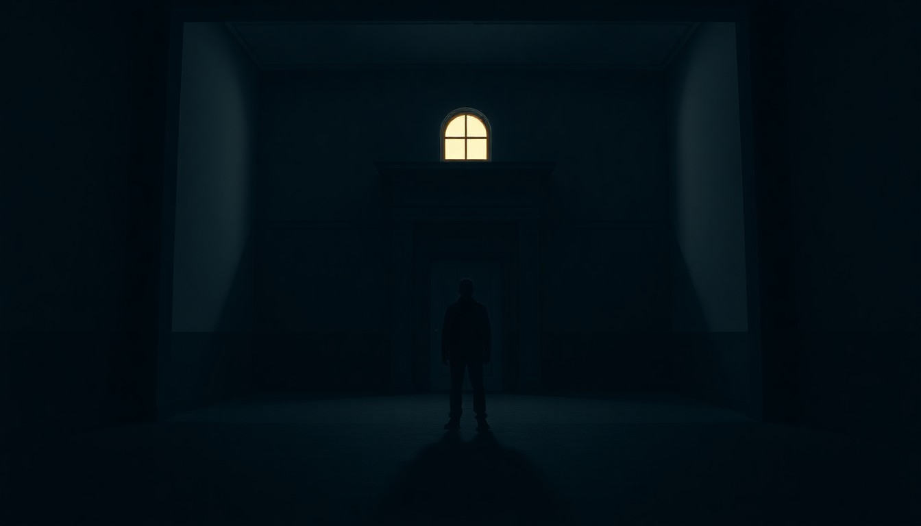 A moody, cinematic painting of a lone figure standing in the shadows of a government office building, the only light coming from a single warm window, conceptually representing the isolation and uncertainty faced by immigrant communities under increased federal scrutiny.