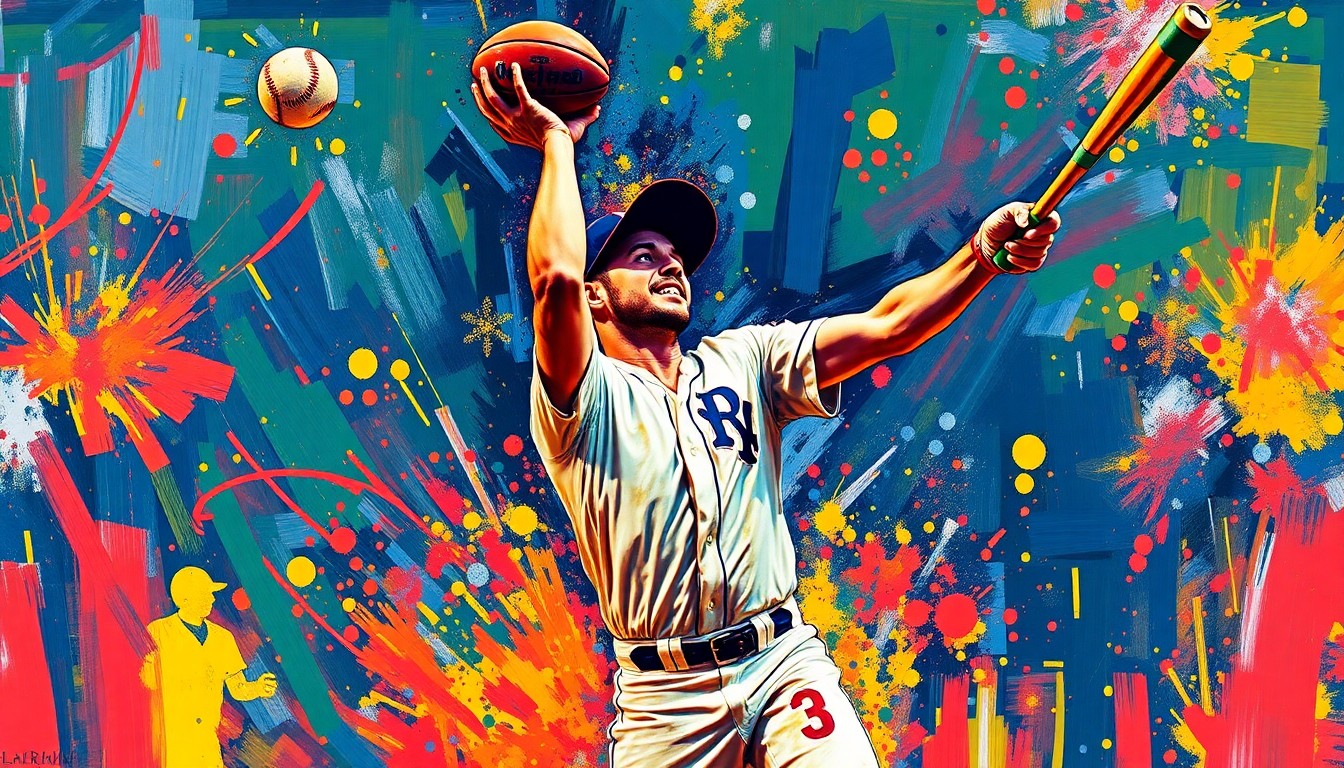 An abstract expressionist painting in vibrant neon colors depicting the dynamic motion of a baseball player making a leaping catch and then swinging a bat, with the player's features obscured by the energetic brushstrokes.
