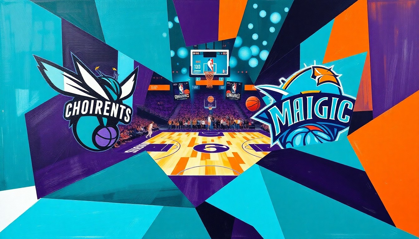 A fractured, geometric painting in vibrant teal, purple, and orange hues, depicting the action and energy of a basketball game between the Charlotte Hornets and Orlando Magic.