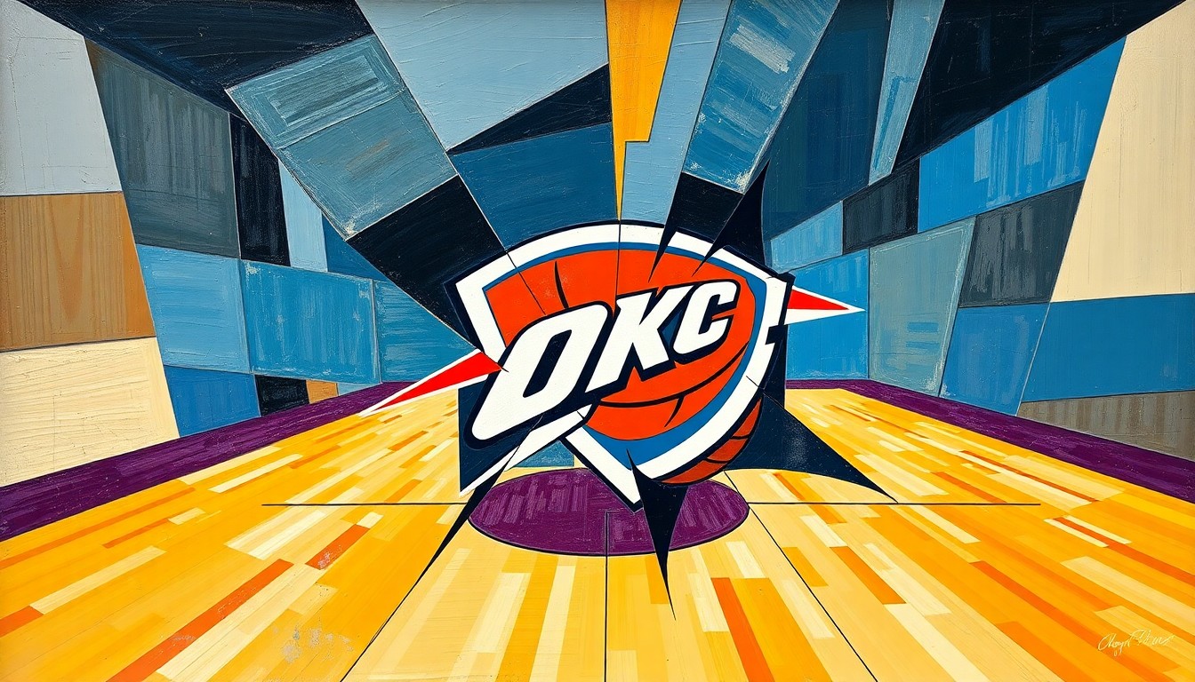 A cubist, geometric painting depicting a basketball game or match, with the players and court broken down into sharp, overlapping planes of color and shape, capturing the dynamic action and energy of the sport.