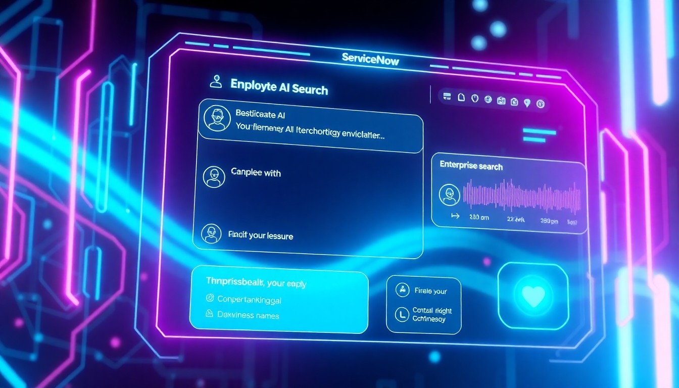 A highly detailed, glowing 3D illustration of a futuristic, AI-powered digital assistant interface with neon cyan and magenta lights, conceptually representing the advanced conversational AI and enterprise search capabilities of ServiceNow EmployeeWorks.