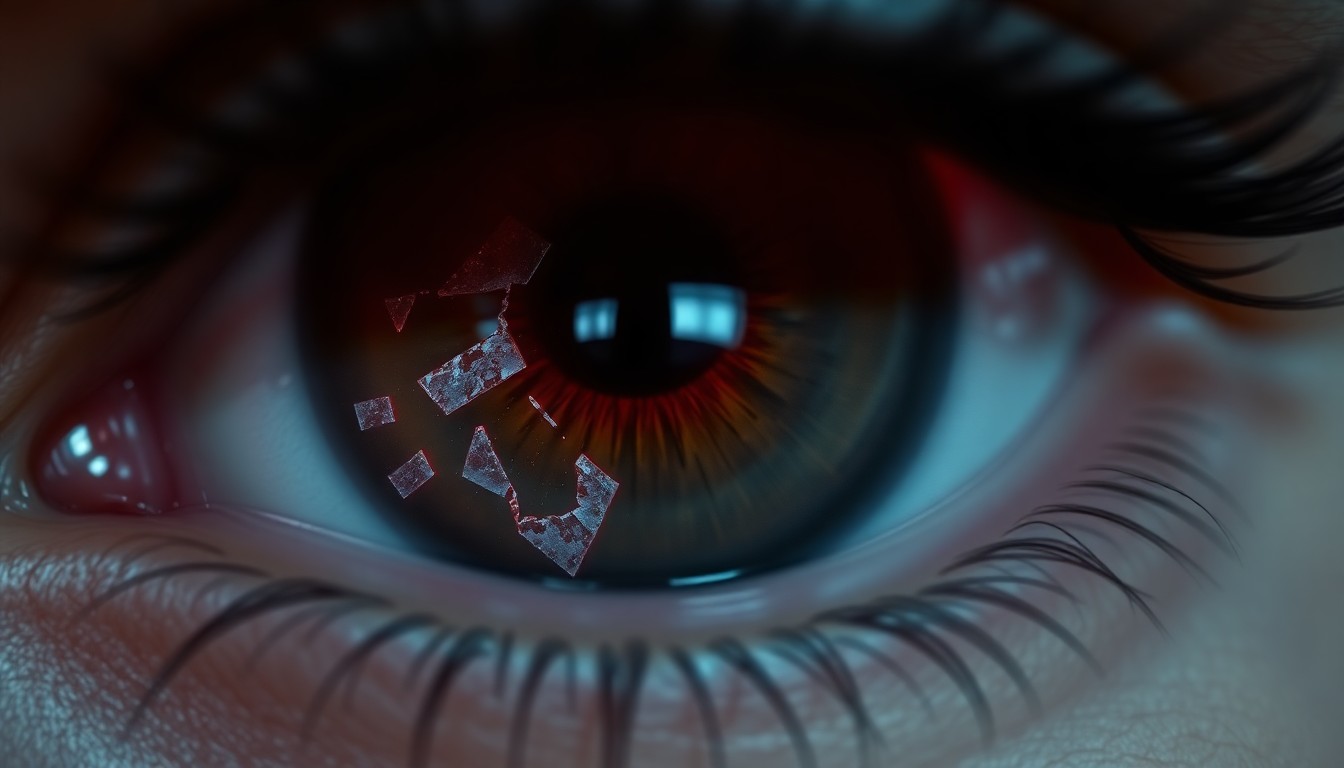 An extreme close-up photograph of a shattered eye lens, reflecting a faint red light, conceptually illustrating the injury suffered by a student documenting a protest against federal authorities.