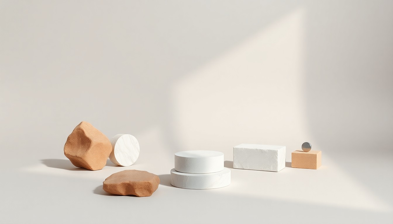 A high-end, photorealistic studio still-life photograph featuring a stack of shiny metal cubes, a glass beaker, and a polished metal sphere arranged elegantly on a clean, monochromatic seamless background, conceptually representing Crinetics' corporate strategy and financial performance.