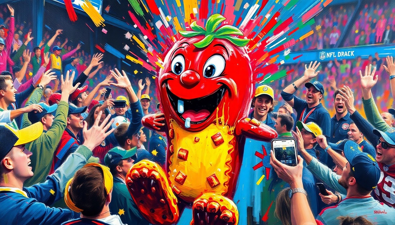 An abstract expressionist painting in vibrant neon colors, depicting the chaotic scene as fans rip apart and consume the edible Pop-Tarts mascot at the 2026 NFL Draft in Pittsburgh.