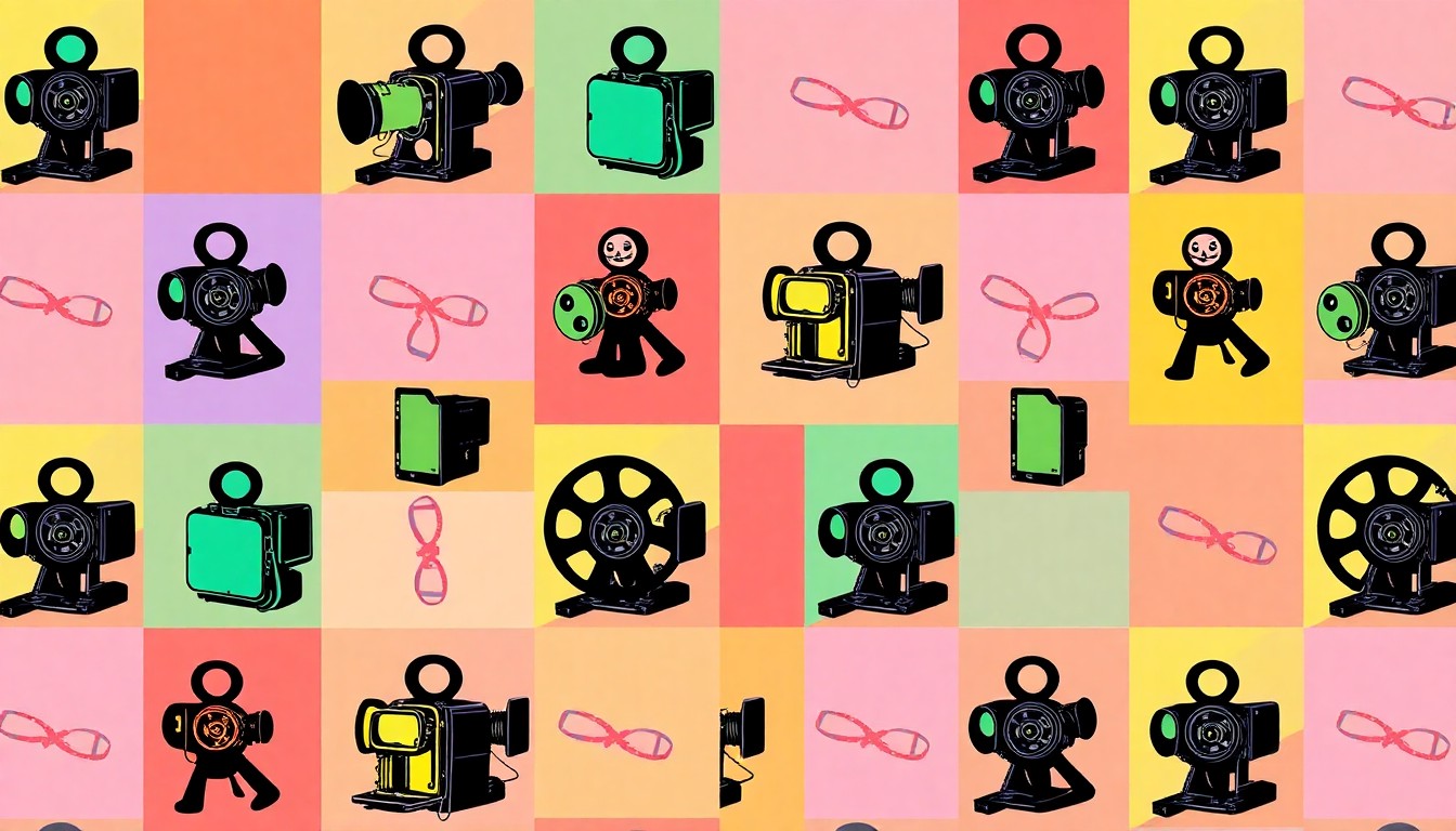 A grid of brightly colored, high-contrast silkscreen prints of a stop-motion animation camera, conceptually representing the technical mastery and cultural reflection at the heart of this collaborative project.