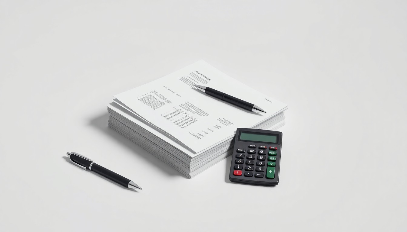 A minimalist, photorealistic studio still life featuring a stack of financial documents, a pen, and a calculator on a clean, monochromatic background, symbolizing the abstract concepts of corporate strategy and economic uncertainty.