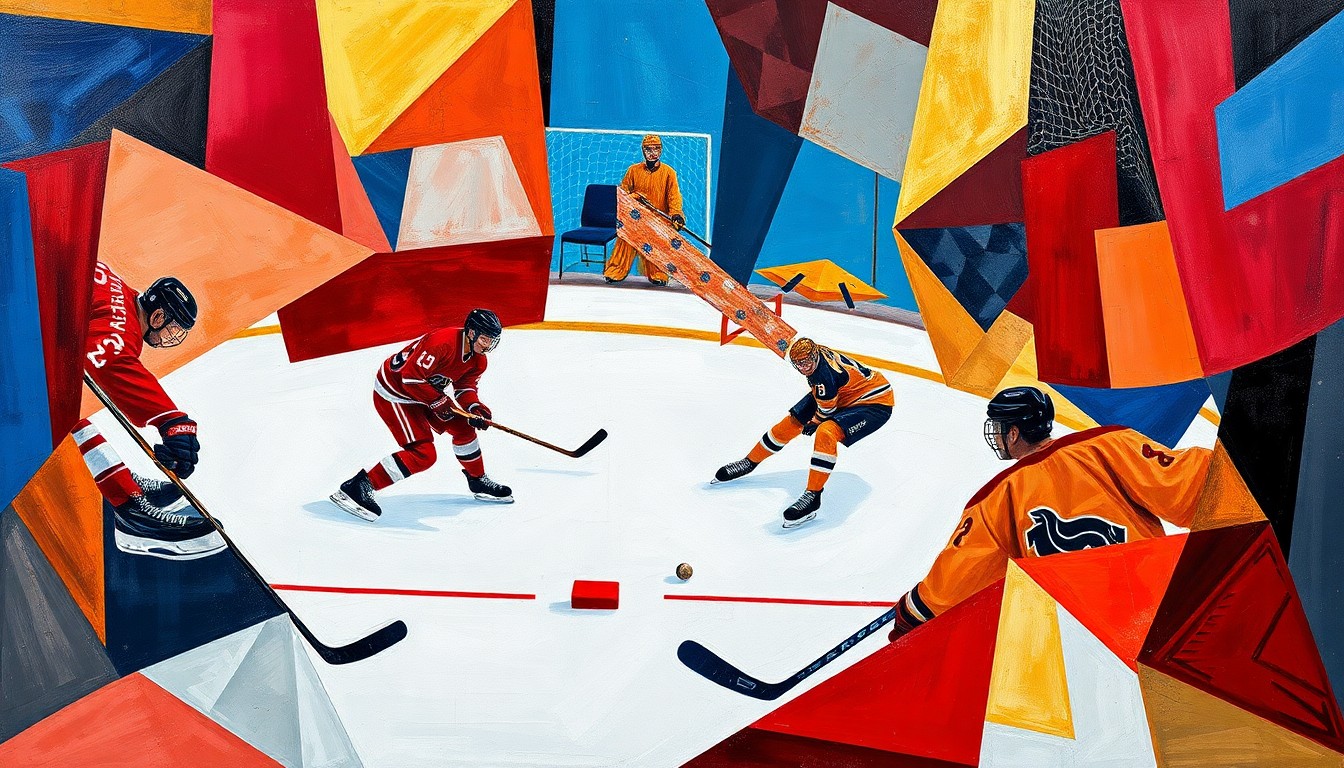 A fragmented, cubist-style painting depicting a hockey game, with the players' forms broken down into sharp, overlapping geometric shapes in a vibrant color scheme, conveying the energy and intensity of international competition.