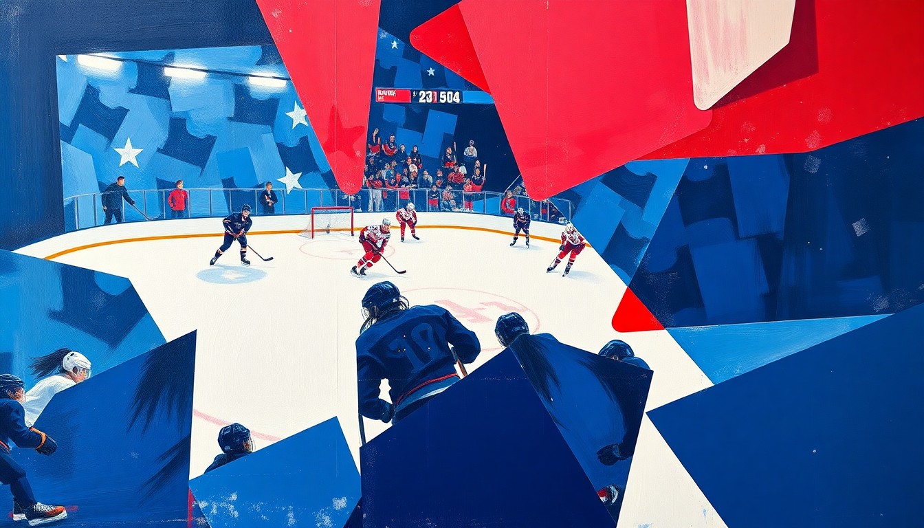 A fragmented, geometric painting depicting a women's hockey game, with players and the puck represented as sharp, overlapping shapes in navy, red, and white, conveying the intense energy and movement of the sport.