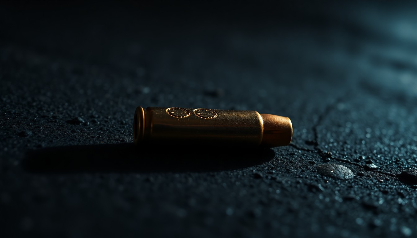 An extreme close-up of a single spent bullet casing on a dark concrete surface, lit by a harsh, direct camera flash, conceptually representing the violence of the crime scene.