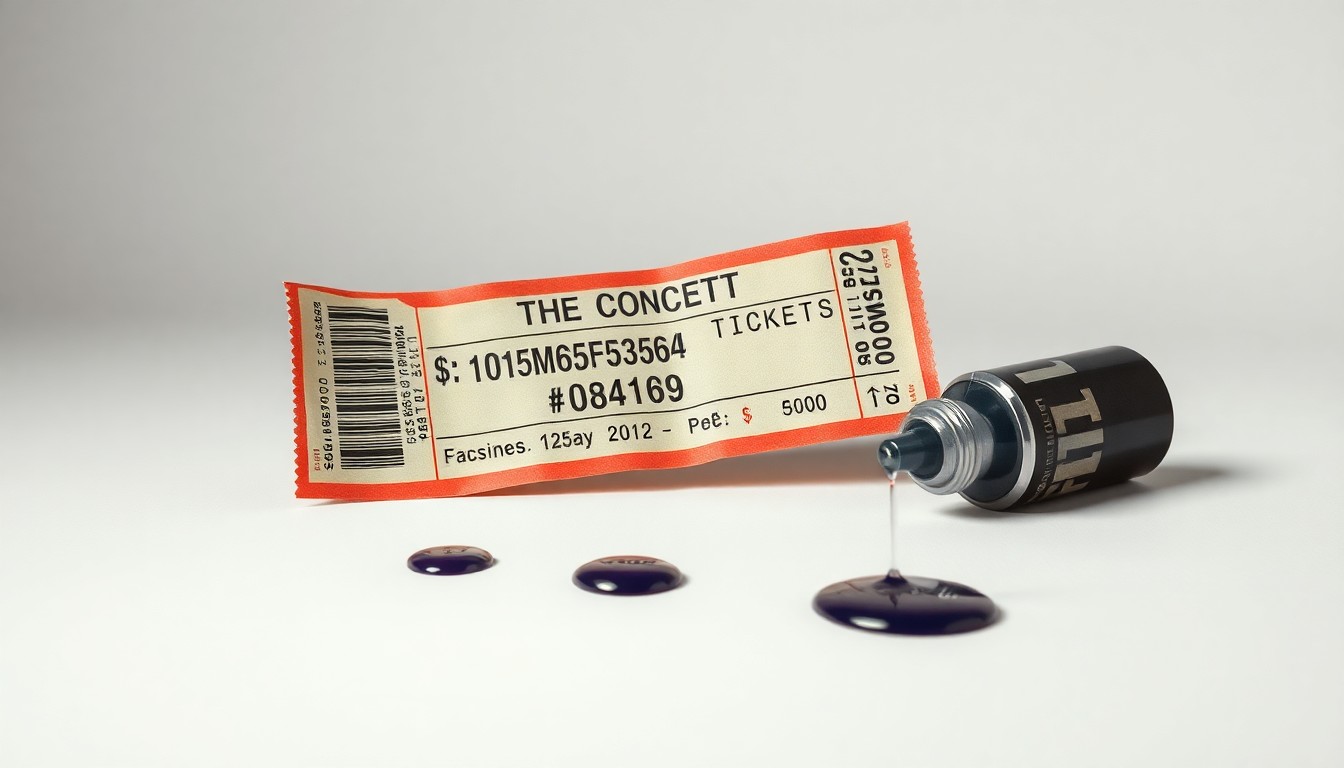 A photorealistic studio still-life featuring a crumpled concert ticket and a few drops of jet fuel on a clean, monochromatic background, symbolizing the challenges facing the live events and travel industries.