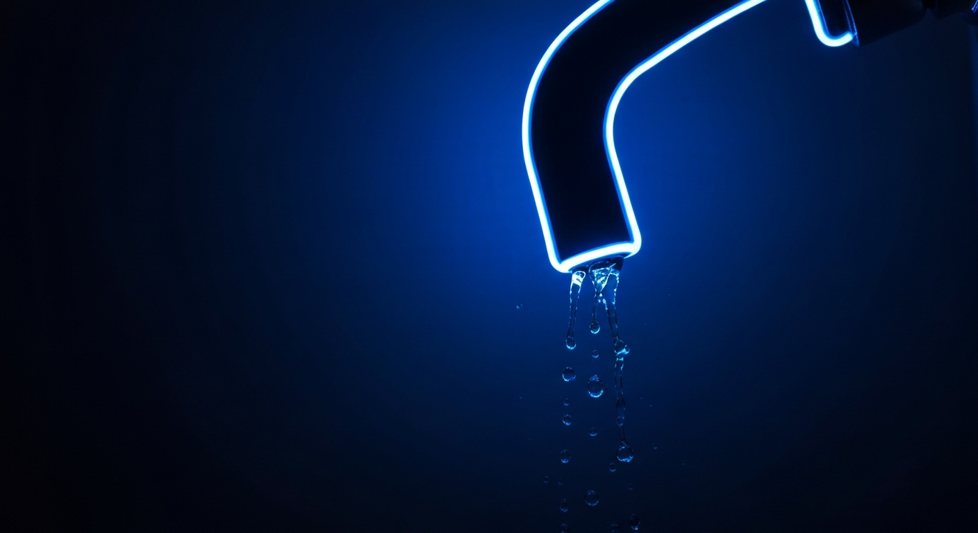 A minimalist design in the style of Keith Haring where the outline of a faucet and water droplets are defined entirely by vibrant neon lines against a dark background, conceptually representing the importance of a safe municipal water system.