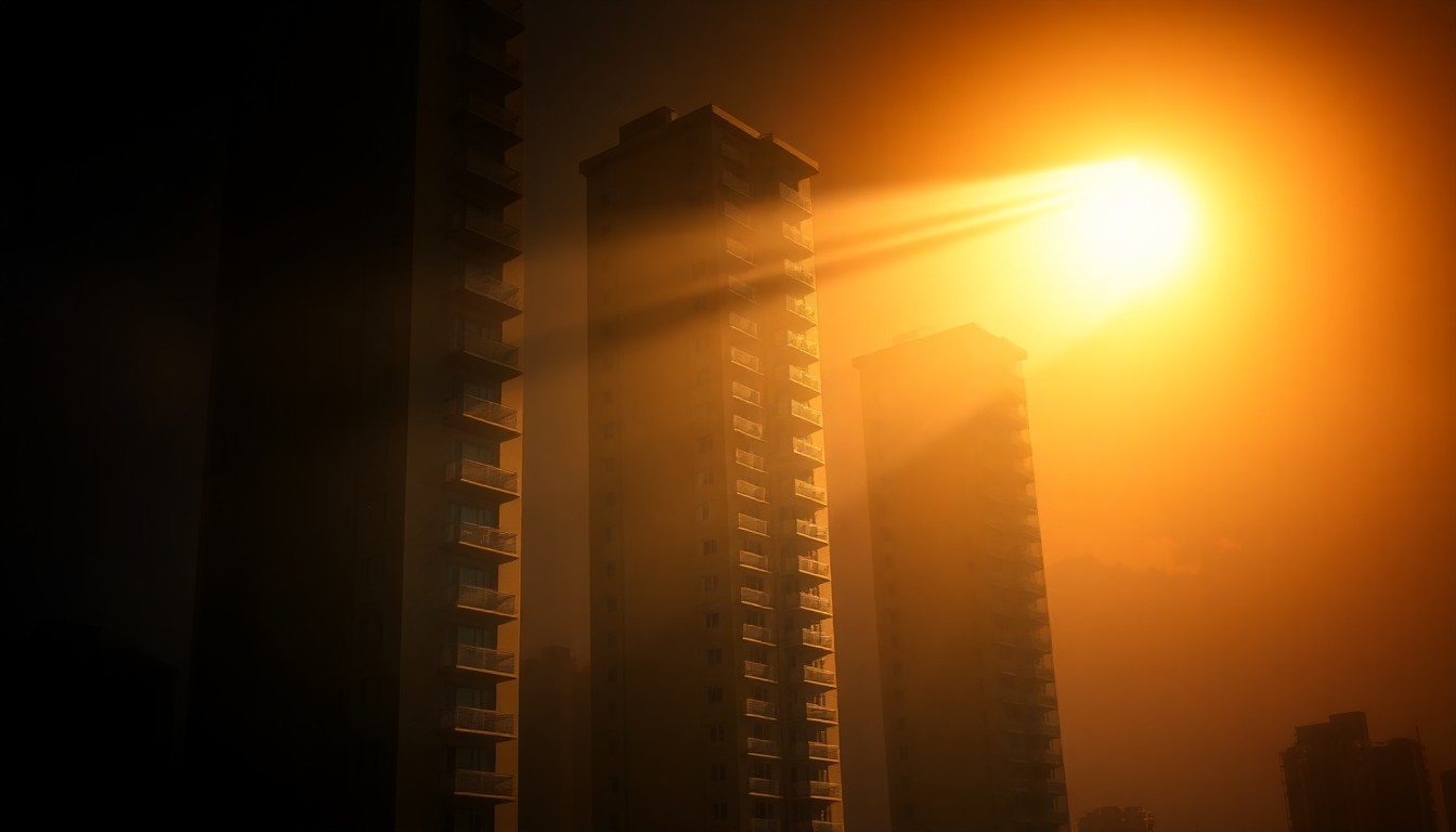 A cinematic painting of a solitary luxury high-rise apartment building in warm, diagonal sunlight and deep shadows, conveying a sense of isolation and wealth.