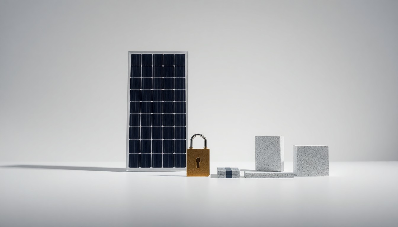 A high-end studio still life photograph featuring a carefully arranged set of premium, polished objects like a solar panel, a security keycard, and a resilient building material, set against a clean, monochromatic background and dramatically lit to convey the abstract concepts of corporate strategy, risk management, and long-term operational resilience.
