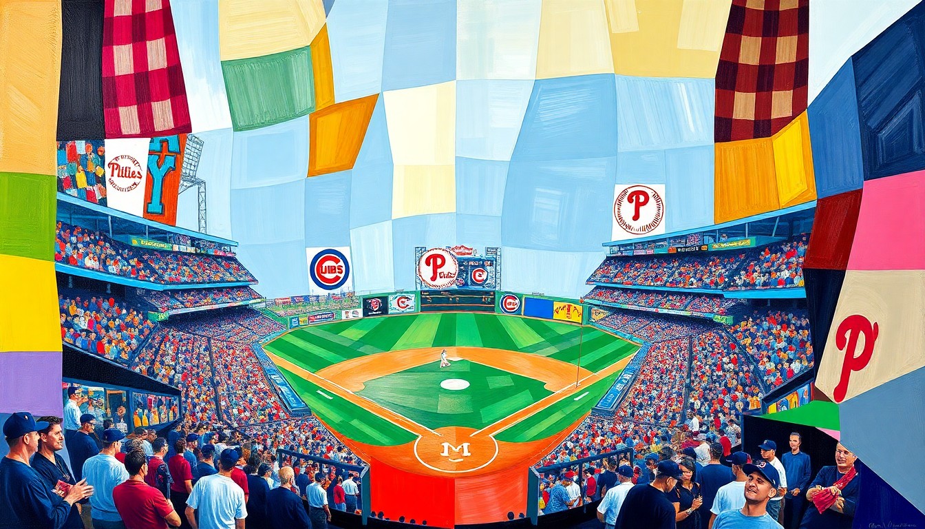 A cubist-style painting depicting a baseball game in a fractured, multi-perspective manner, with sharp, overlapping geometric planes representing the action on the field.