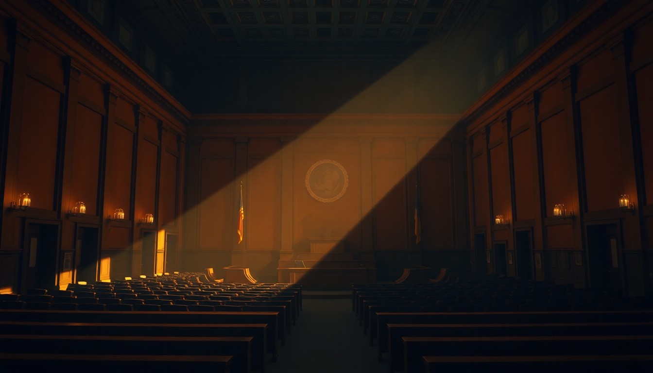 A moody, cinematic painting of an empty city council chamber, with warm sunlight streaming through the windows and deep shadows cast across the desks and chairs, creating a palpable sense of tension and unease.