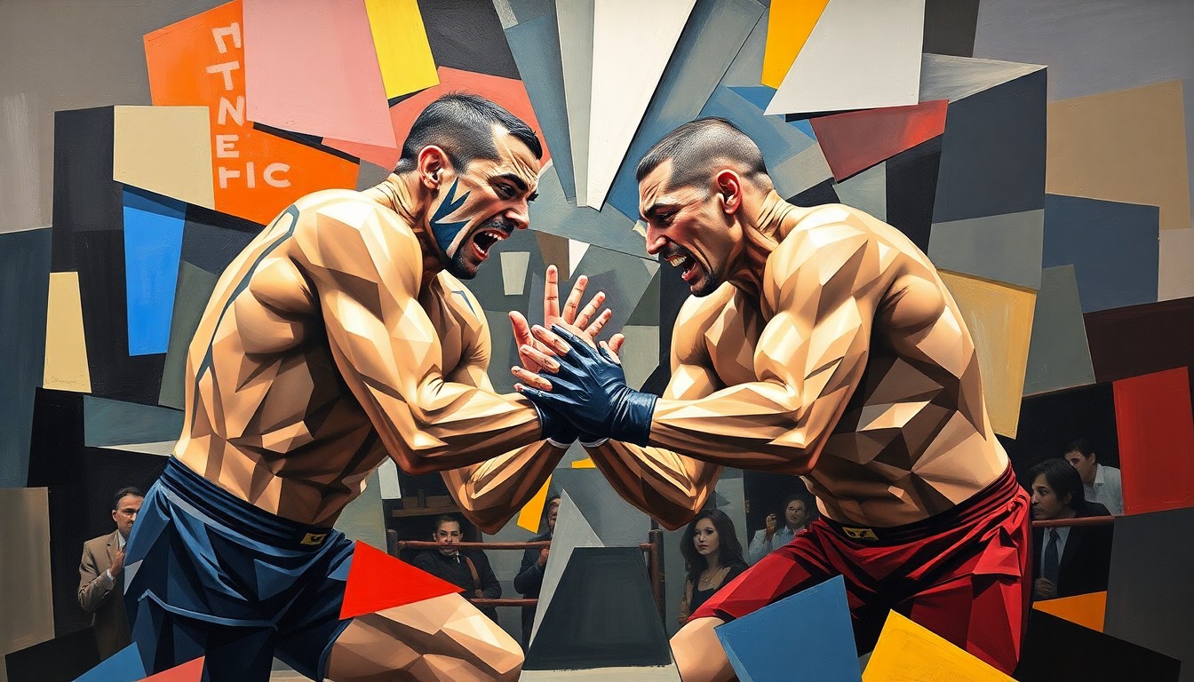 A cubist-style painting depicting a wrestling match between two figures, their bodies and movements fragmented and abstracted into sharp, angular shapes and planes of color.