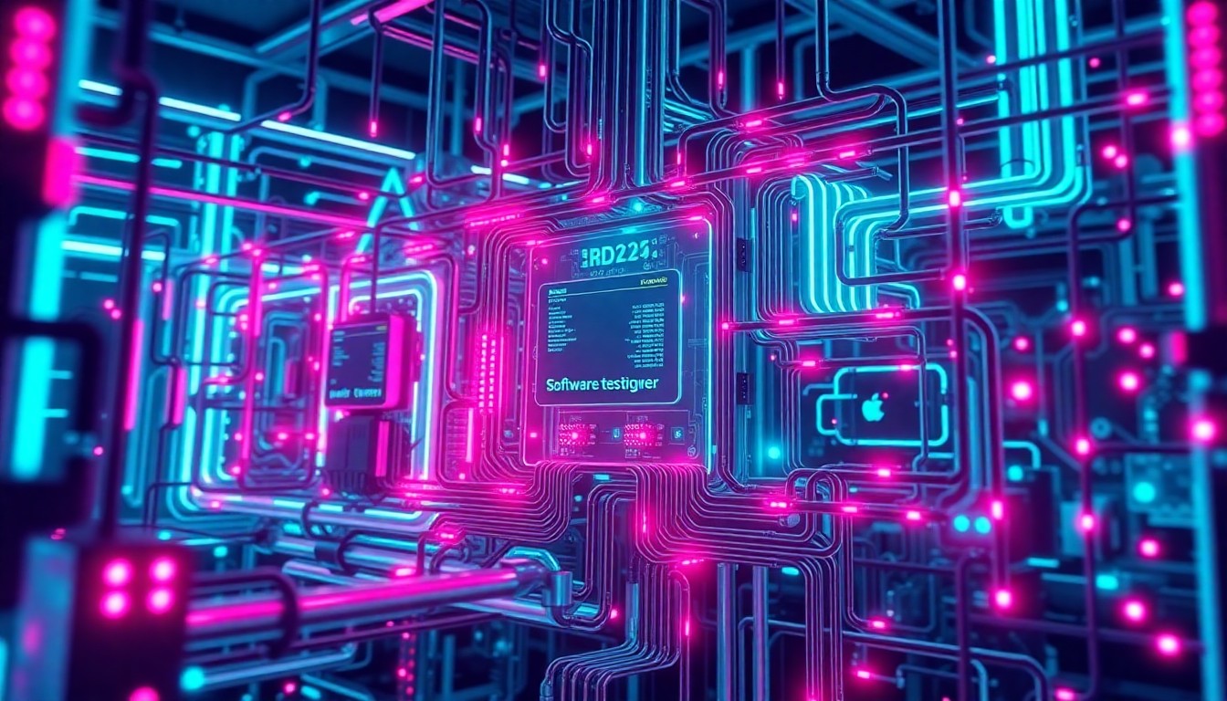 A highly detailed, glowing 3D illustration of a complex, futuristic software testing infrastructure, with neon cyan and magenta lights illuminating the various interconnected components, conceptually representing the advanced, AI-powered technology powering the next generation of software quality assurance.