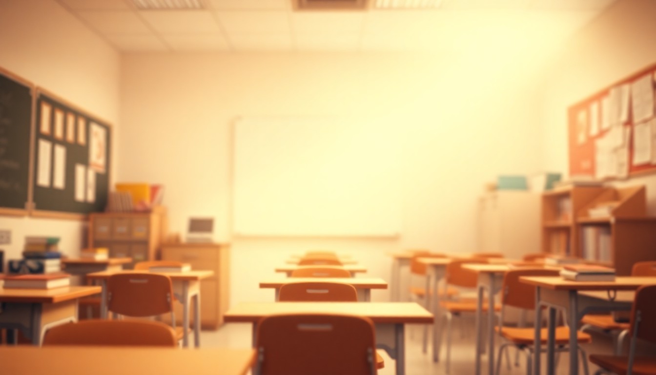 A blurred, impressionistic photograph in warm, muted tones depicting the interior of a classroom with desks, chairs, and educational supplies, conveying a sense of appreciation and optimism for the teaching profession.