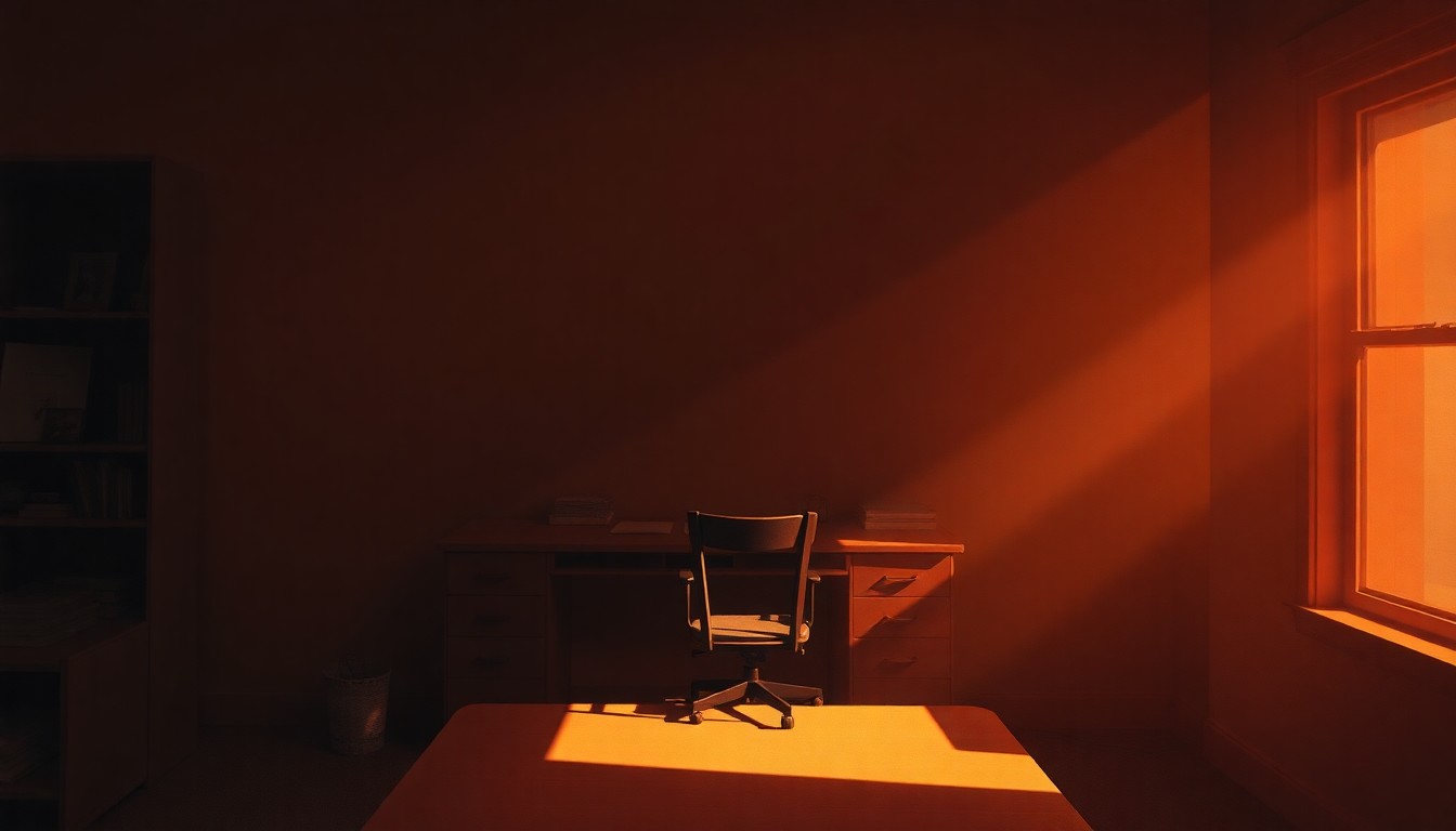 A dimly lit, cinematic painting of a cluttered desk with scattered papers, a laptop, and a framed photograph, conveying a sense of solitude and unease in the wake of a tragic event.