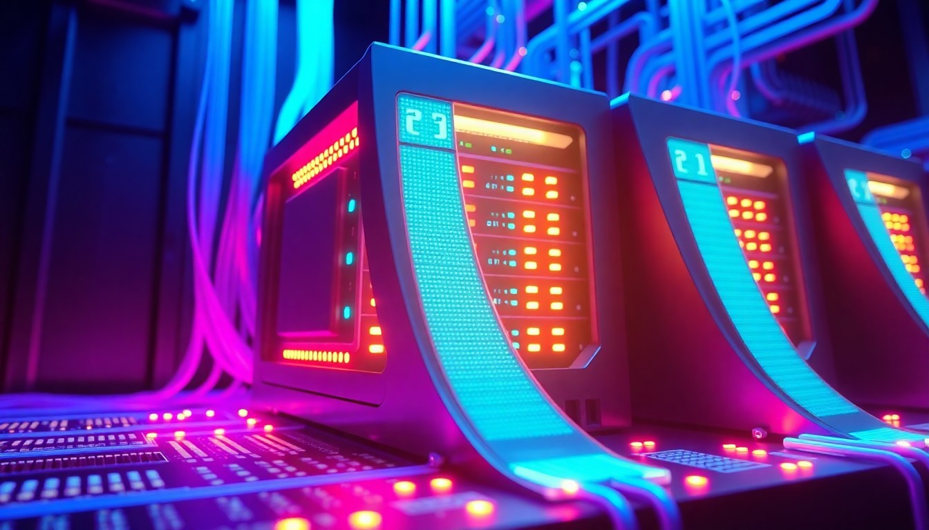 A highly detailed, glowing 3D macro illustration of a futuristic data storage array, with illuminated circuit boards, fiber optic cables, and a sleek, angular chassis in shades of neon blue and violet, conceptually representing advanced, secure digital infrastructure that protects against cyber threats.