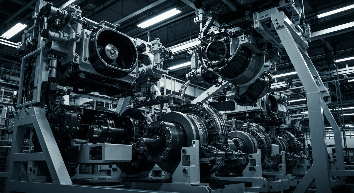 An extreme close-up of the gears, motors, and other heavy industrial components that make up the inner workings of an electric vehicle manufacturing plant, captured in a dramatic, high-contrast black and white style that emphasizes the technical complexity and industrial power of modern EV production.