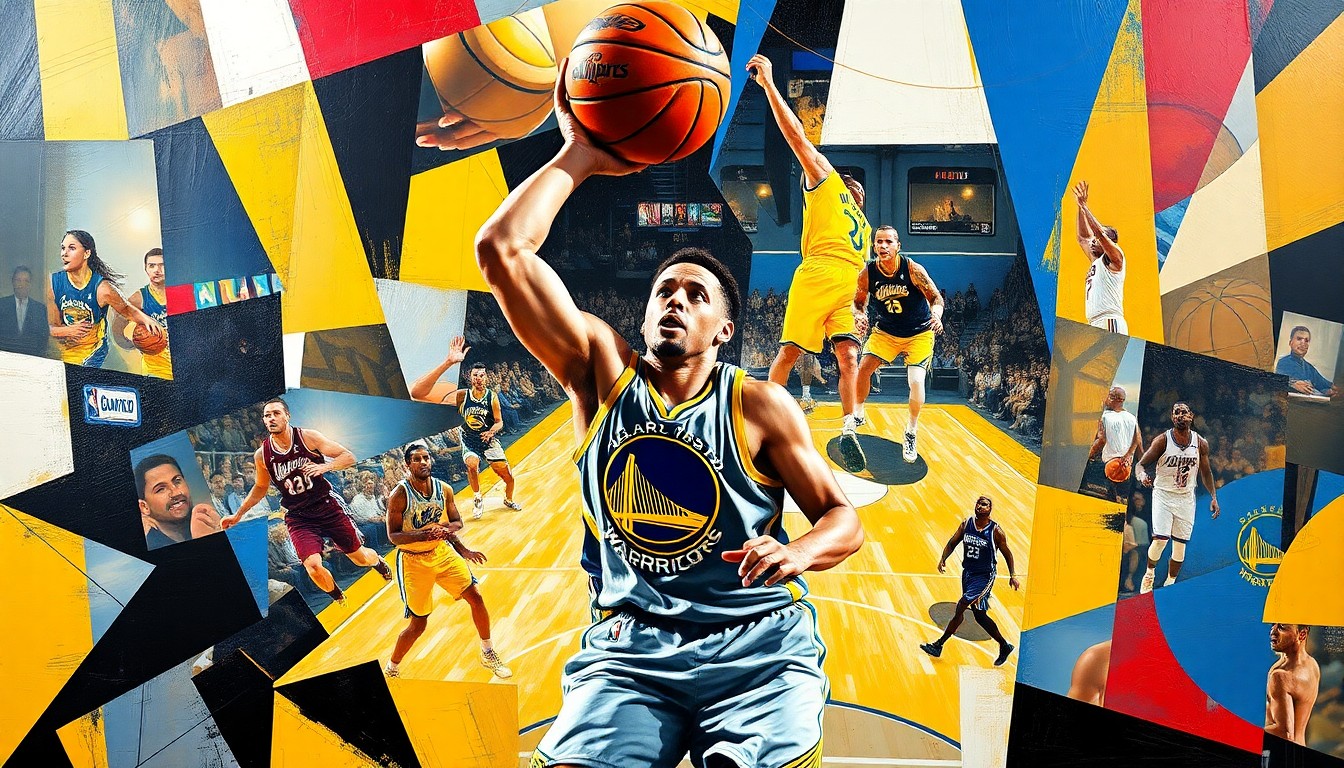 A fragmented, cubist-style painting depicting the intense action of a basketball game, with Steph Curry as the central figure surrounded by geometric shapes and planes of color representing the movement and energy of the high-stakes contest.