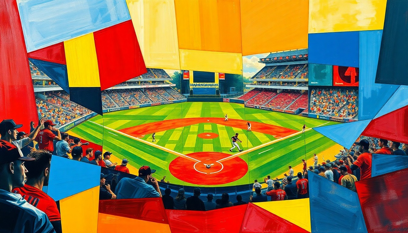 A fragmented, geometric painting in bold primary colors depicts the chaotic interaction between a baseball player and fans, with the figures and field broken down into sharp, overlapping planes.