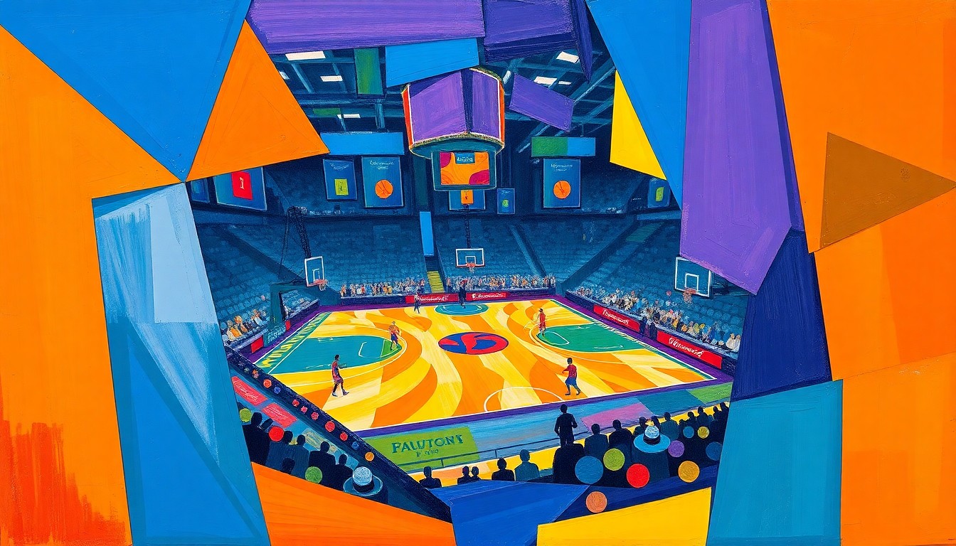 A cubist, geometric painting depicting a basketball game or match, with sharp, overlapping planes of color representing the dynamic action on the court.