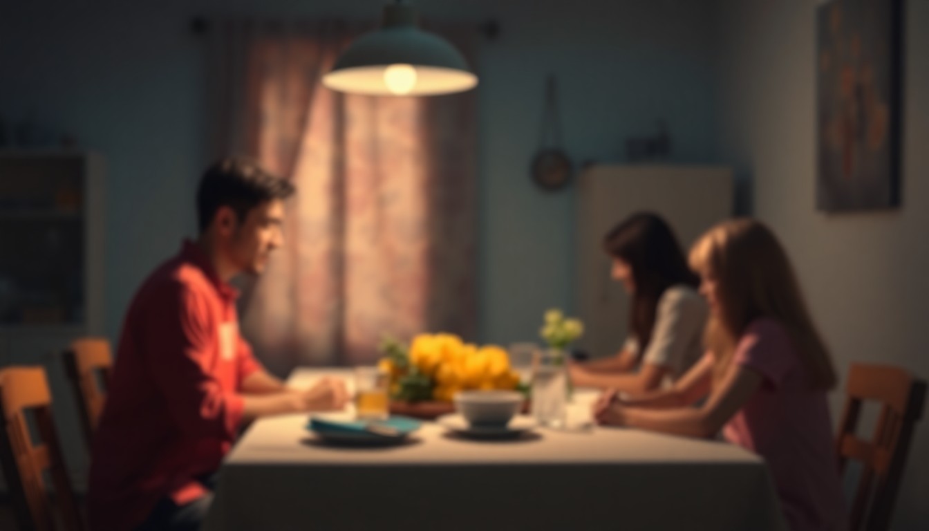 An abstract, impressionistic scene of a family gathered around a kitchen table, with soft, blurred pools of warm light and color creating an intimate, reflective mood.