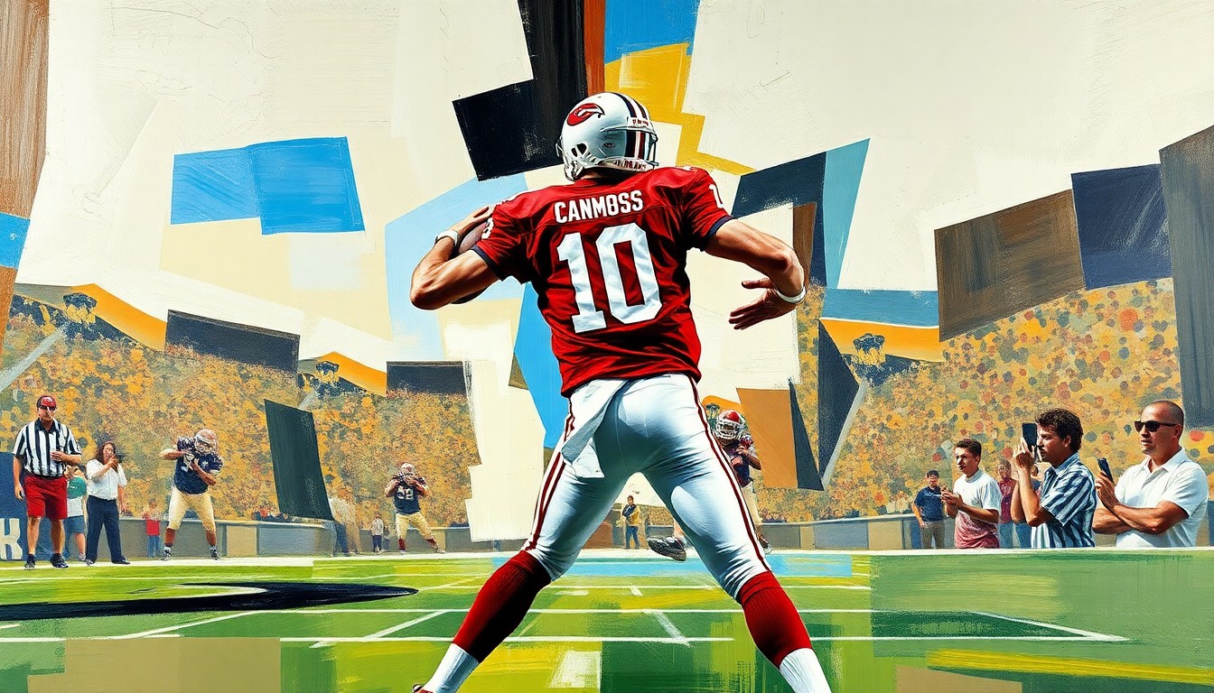 A fragmented, cubist-style painting depicting a college football quarterback in the midst of a passing play, with the figure broken down into sharp, angular geometric shapes and planes of color.