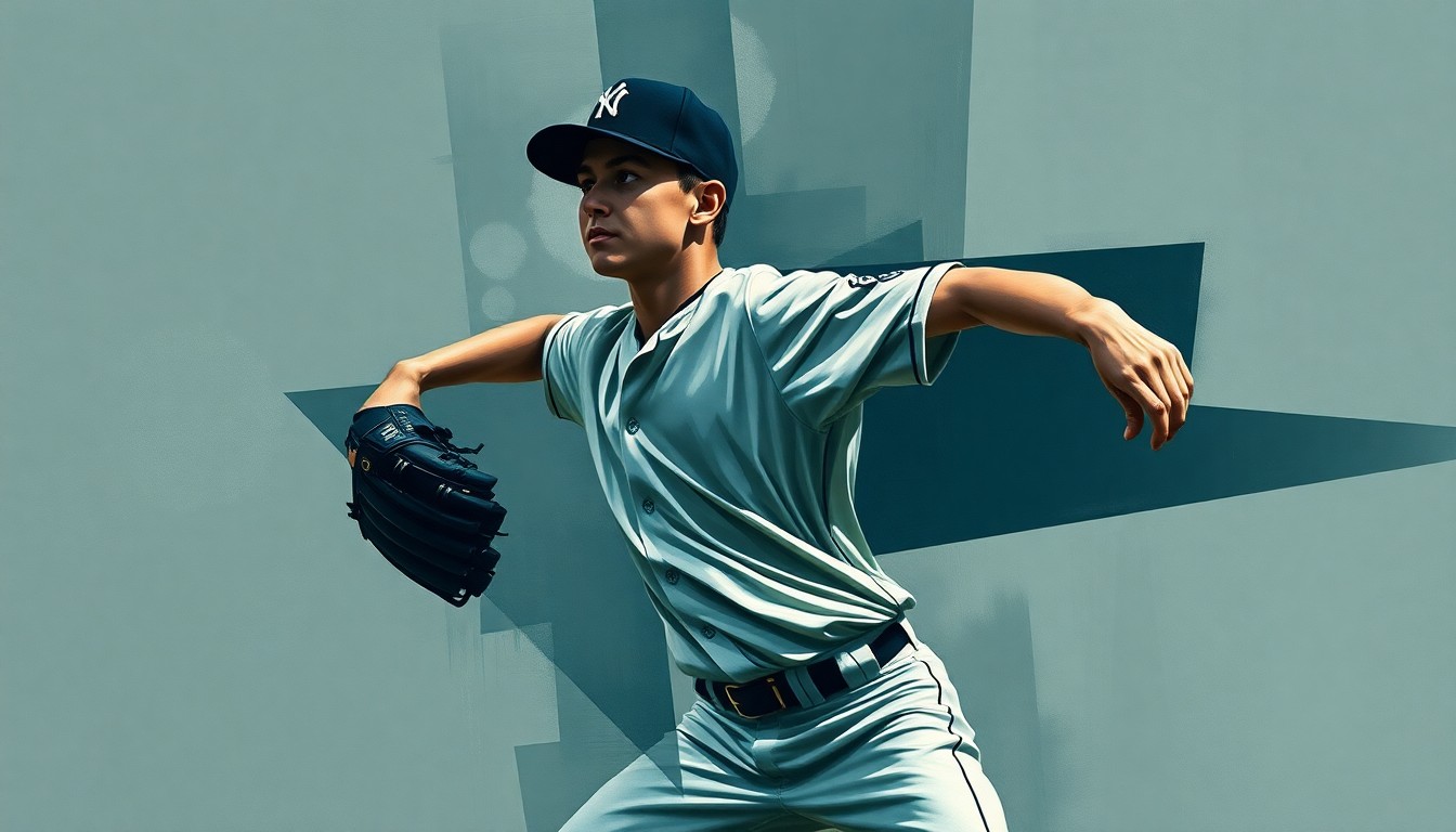 A fractured, multi-angled painting depicting the windup and delivery of a young baseball pitcher, broken down into sharp, overlapping geometric shapes in muted tones, conceptually representing the nuances of developing top pitching prospects.