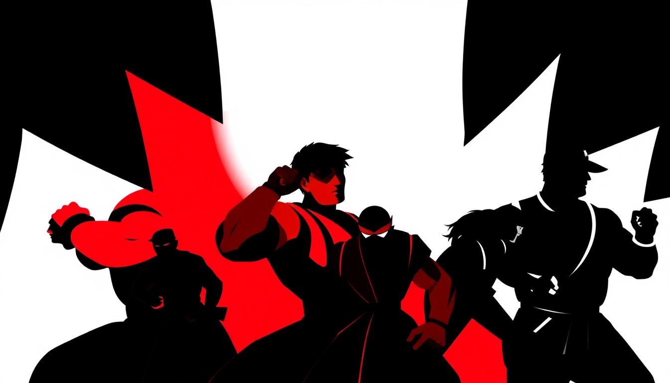 A minimalist, abstract illustration featuring bold, jagged shapes and silhouettes in high-contrast red and white, conceptually representing the intense fighting and action of the new Street Fighter movie.