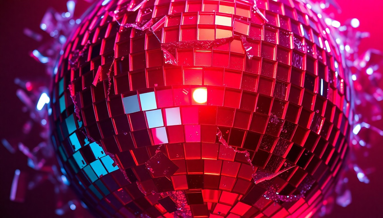 An extreme close-up of shattered, glittering glass reflecting a deep red light, conveying the intense, high-energy atmosphere of Lip Critic's unconventional live shows.