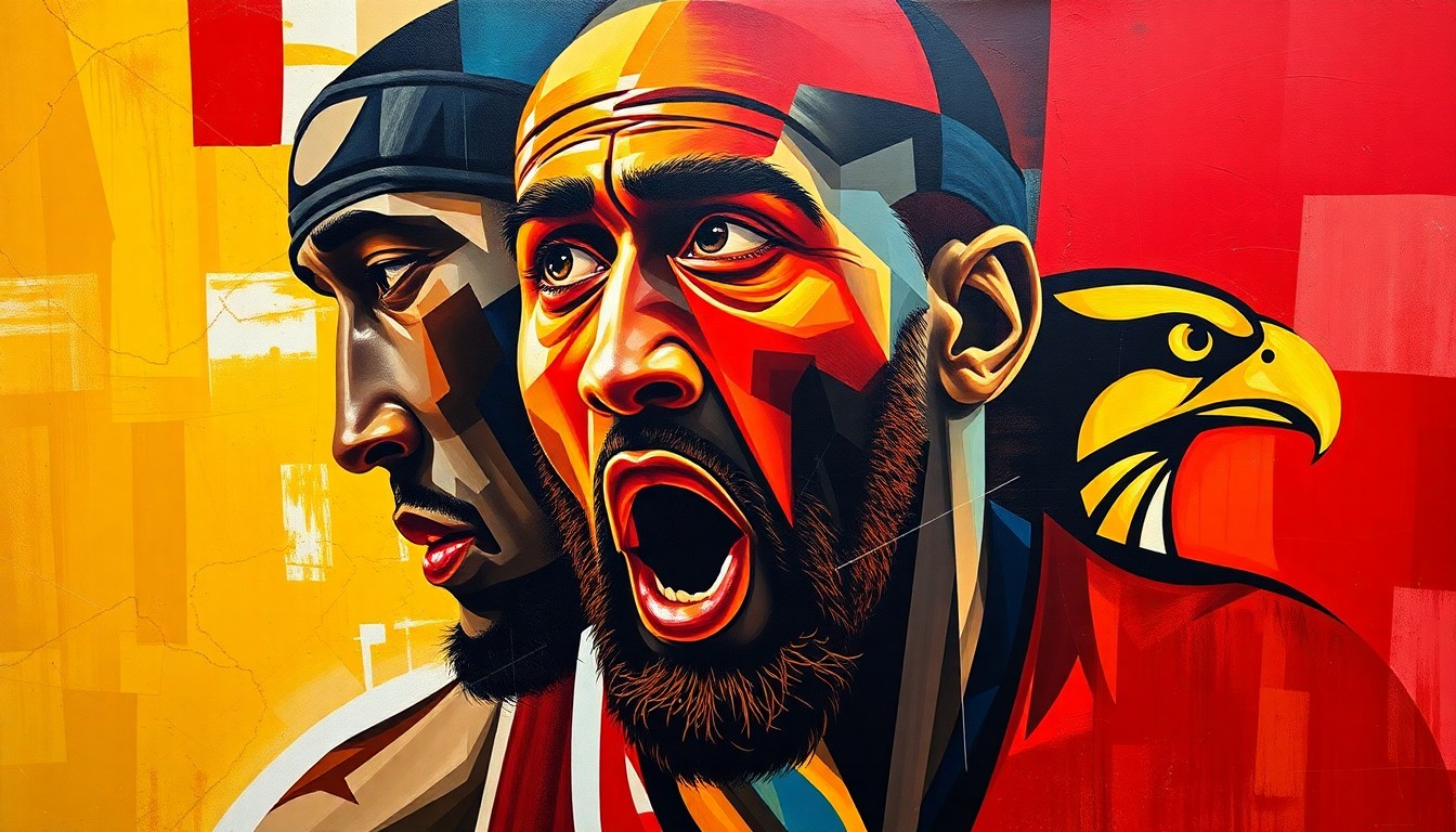 A fragmented, geometric painting in vibrant colors depicting a basketball player's movements and expressions, conveying the conceptual idea of a star player's career transition to a new team.
