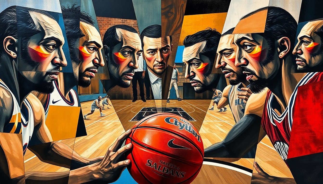A cubist, geometric painting depicting the action of a basketball game, with the players' forms broken down into overlapping planes of color and shape, the ball and court lines cutting through the composition.