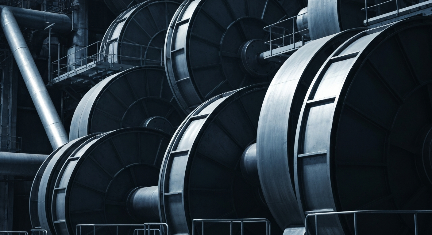A highly detailed, black-and-white close-up image of the gears, valves, and other heavy industrial components that make up the machinery of a pulp mill, conveying the physical and financial infrastructure of the pulp production industry.