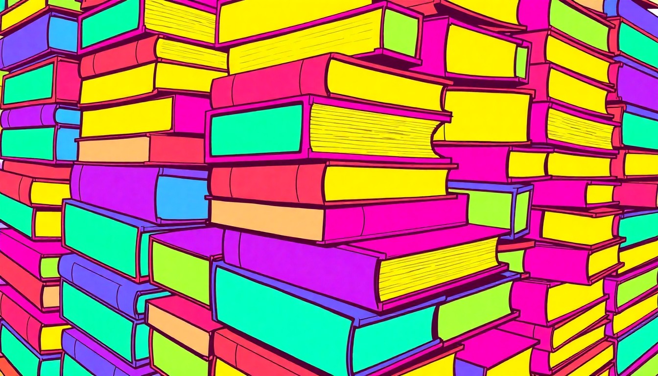 A colorful, abstract grid of textbooks in vibrant neon shades, conceptually representing the financial challenges facing public education.