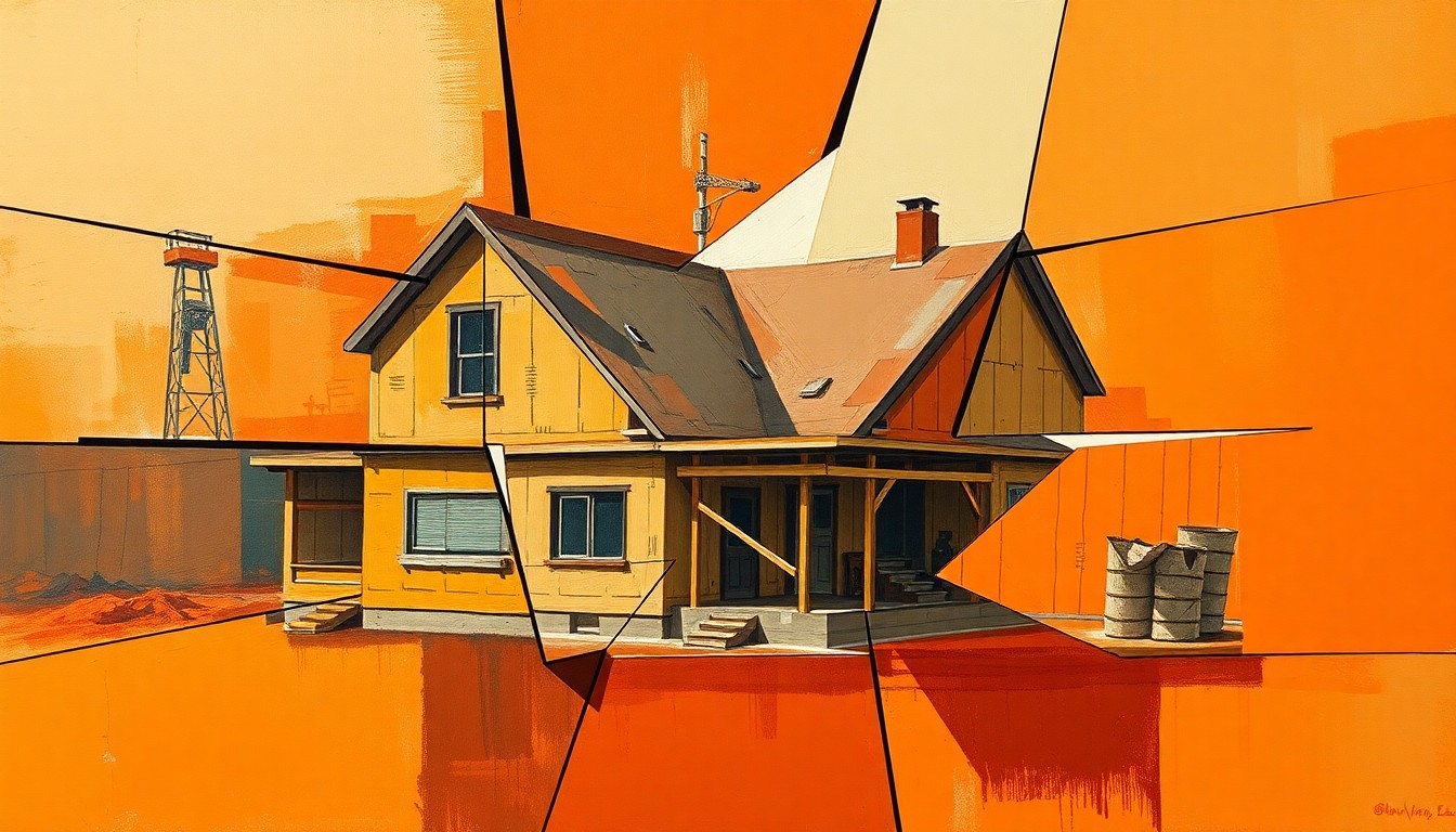 A fragmented, cubist-style painting depicting the construction of a Habitat for Humanity home, with sharp geometric shapes and planes in warm earth tones conveying the collaborative effort and community spirit behind the project.