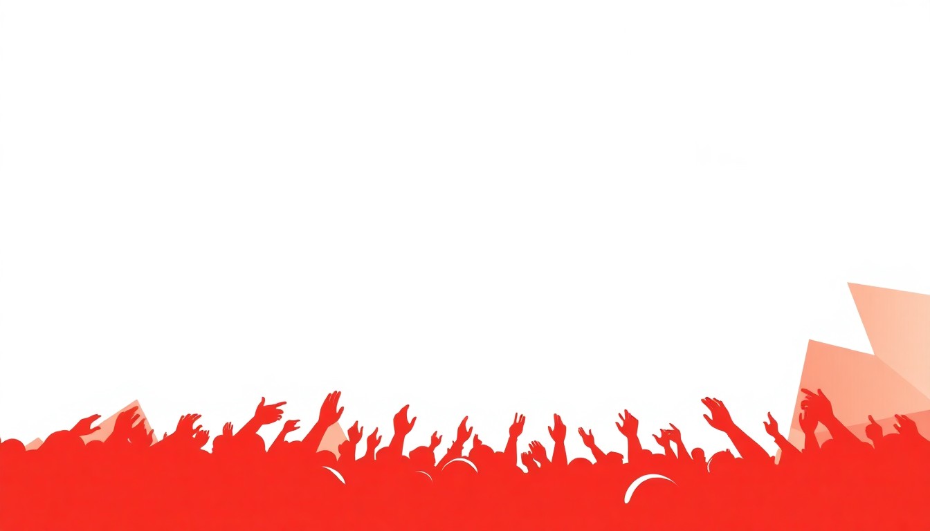 A striking, geometric composition of bold red and white shapes, conveying the dynamic energy of a live music event through an abstract, cut-out visual style.