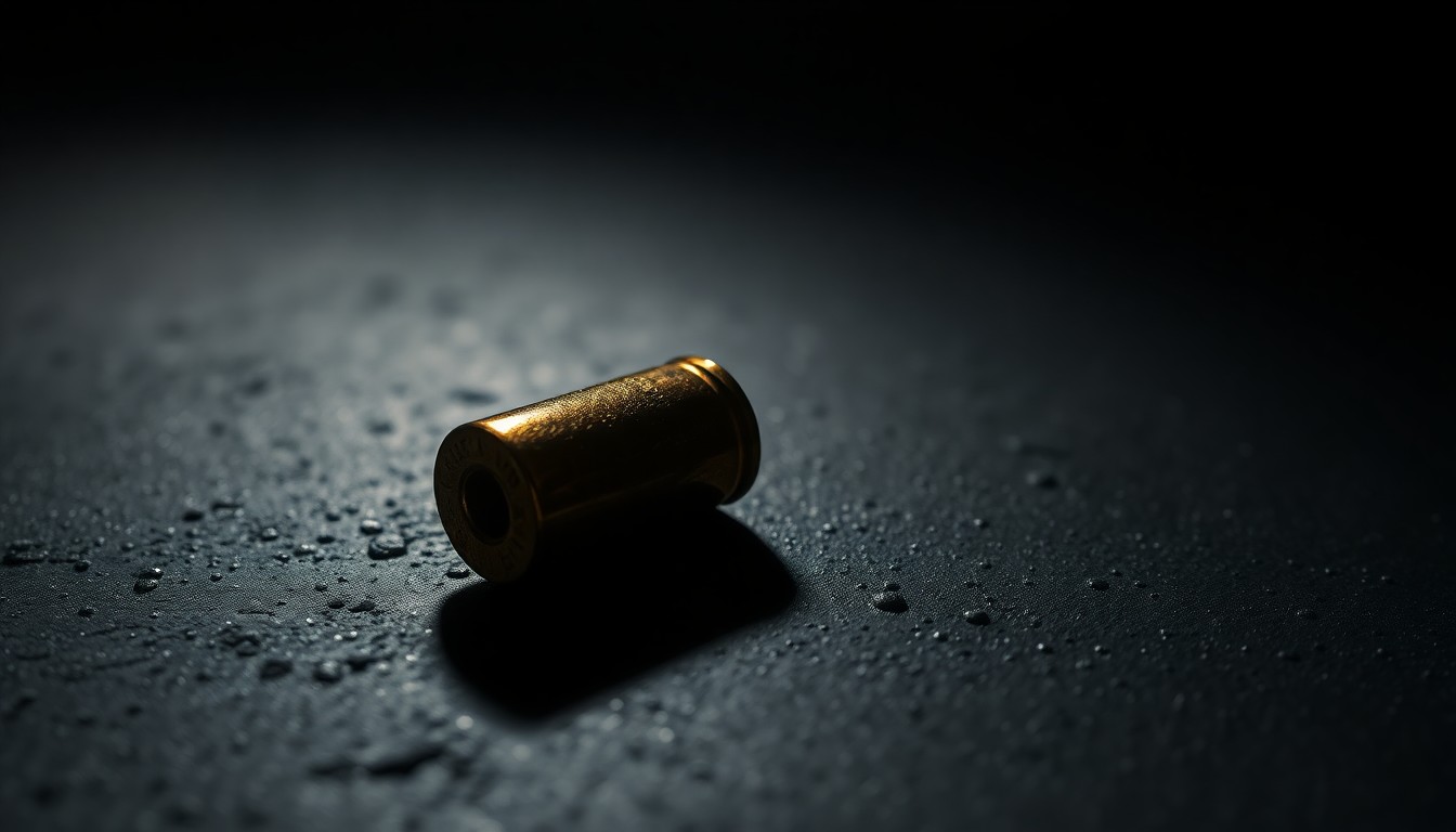 An extreme close-up of a single spent bullet casing on a dark, textured surface, lit by a harsh, direct camera flash, conceptually representing the physical evidence at the center of a police investigation.