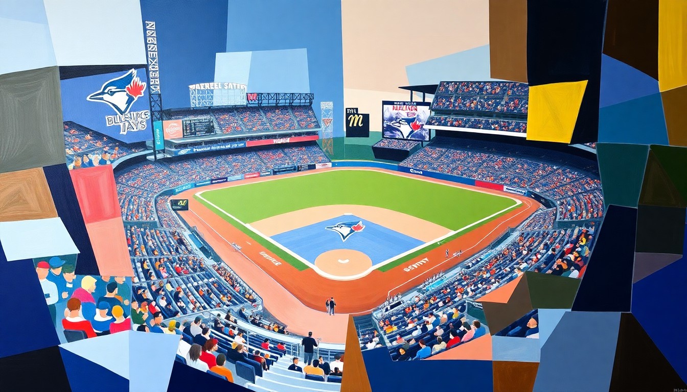 A fragmented, geometric painting depicting a baseball game in progress, with the players and field broken down into sharp, overlapping planes of color representing the official team colors of the Toronto Blue Jays and Milwaukee Brewers.