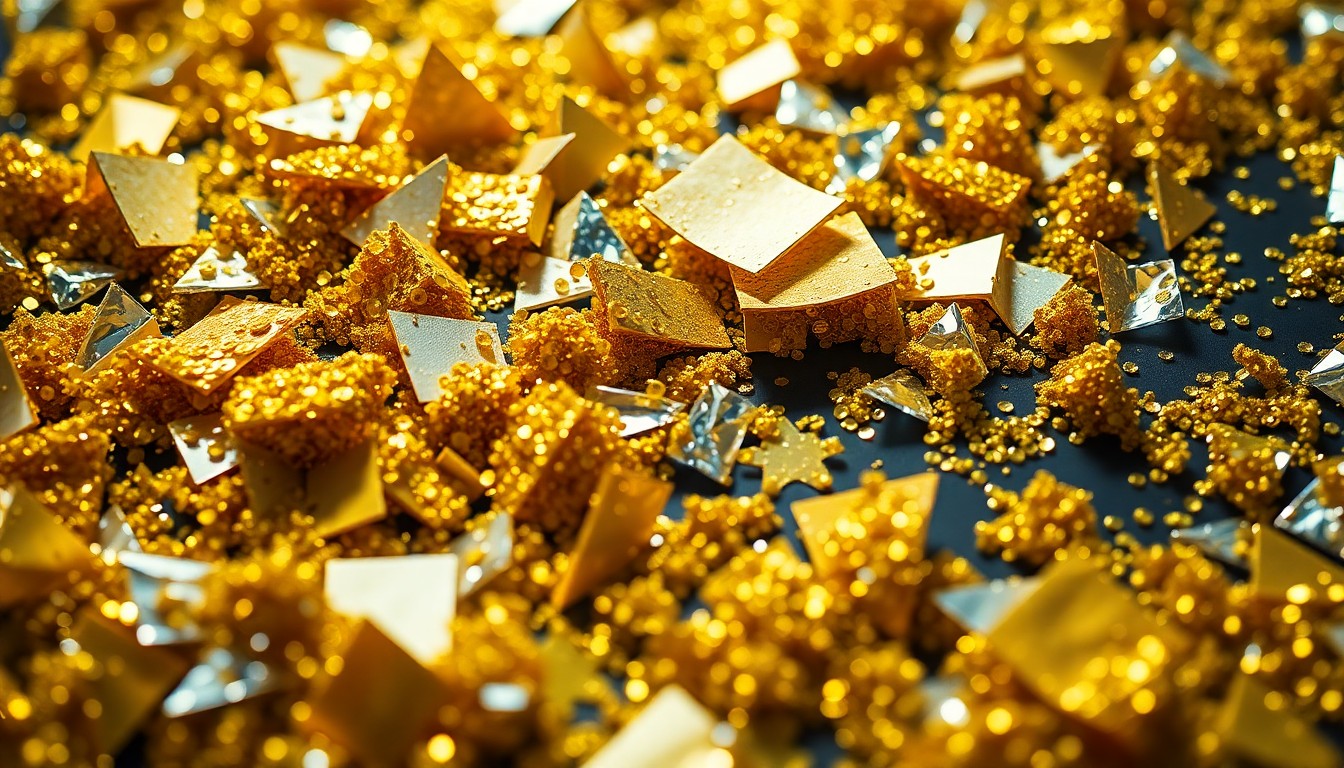 An abstract close-up image of luxurious gold sequins and shattered glass, captured with dramatic studio lighting to create a glamorous, high-fashion aesthetic without any literal objects or people.